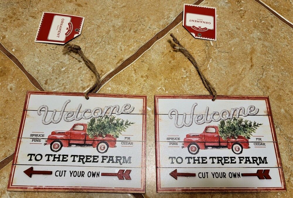 New HOLIDAY TIME Set of 2 Ornaments Wood Vintage Look - Red Truck Tree Farm 6"